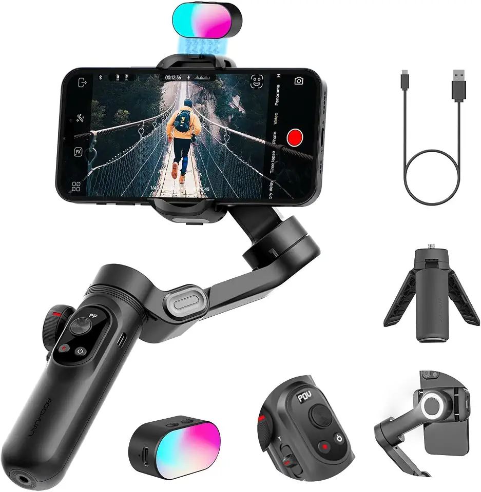 AOC~HUAN Estabilizador para Smartphone, Estabilizador 3 Eixos para Celular com Tripé,Tela OLED com luz LED, Controle por Gestos,Rastreamento Facial, Carregamento Magnético,