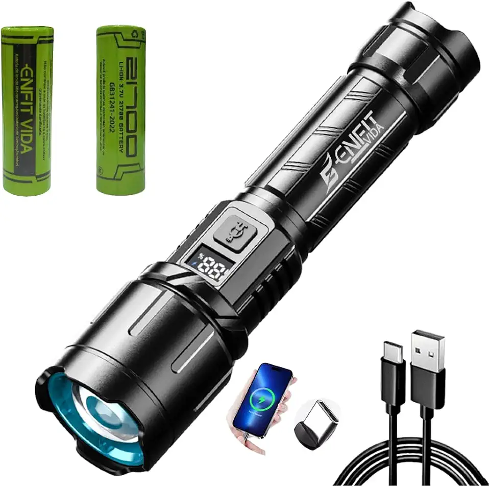 Lanterna Tática Militar 3600 Lúmens Super Potente, 5500mAh Lanterna LED Recarregável, IPX6, Carregamento Bidirecional Type C+USB, Zoom Ajustável, Alcance até 2000m, 4 Modos para Camping Trilhas Pesca