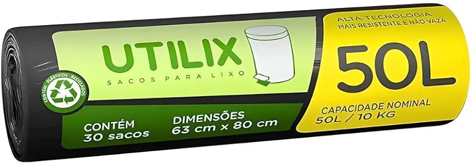 Utilix 50L Preto, Rolo com 30 Sacos para Lixo Dover-Roll