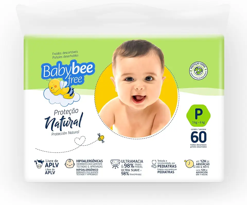 Baby Bee Free Proteção Natural, Fraldas Descartáveis, Hipoalergênicas, Ultramacia
