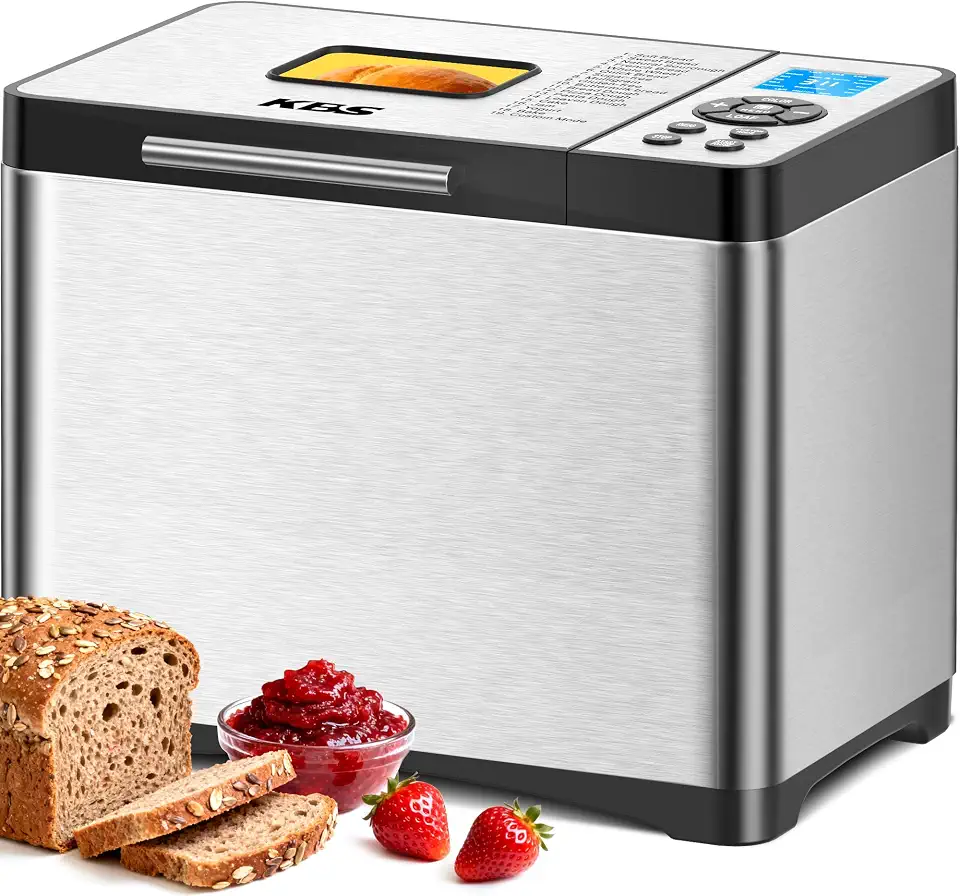 KBS Máquina de pão programável 19 em 1 de 2 libras, máquina de pão de aço inoxidável com frigideira de cerâmica antiaderente, máquina de fazer pão de 650 W com temporizador de 15 horas e 1 hora para