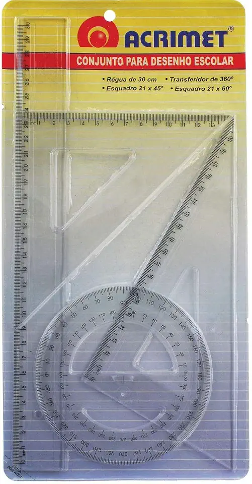 Conjunto para Desenho, Acrimet, 562.0, Régua de 30cm + Transferidor 360° + Esquadro Isósceles 45° de 21cm + Esquadro Escaleno 60° de 21cm, Multicor