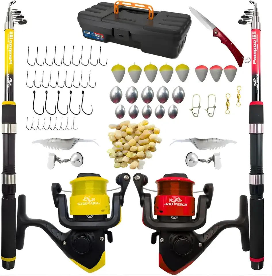 Kit de Pesca Completo com 2 Varas Telescópicas, 2 Molinetes, Anzóis, Boias, Chumbadas, Maleta, Canivete e Acessórios