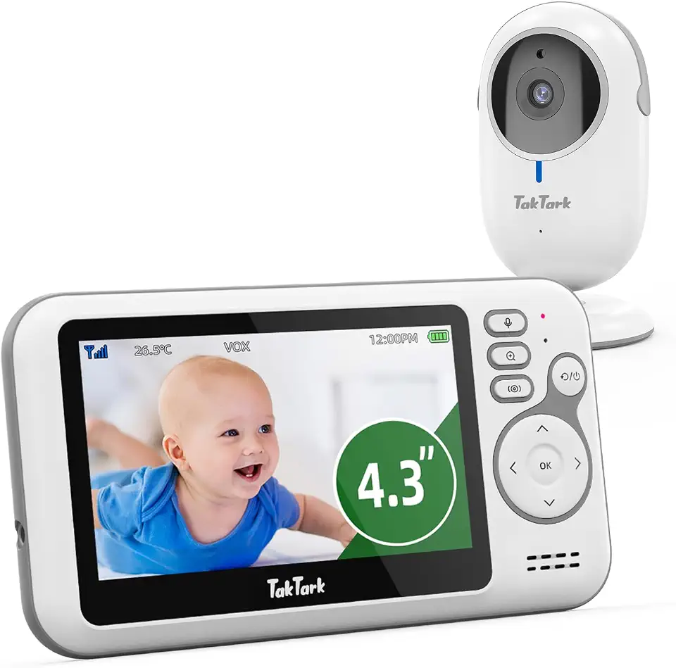 TakTark Babá Eletrônica Câmera, 4.3" Monitor de Bebe, Sem Wi-Fi, 2 Way Audio, Visão Nocturna, Zoom Digital, Economia de energia VOX, Temperatura ambiente, Ideal para Pais Novos