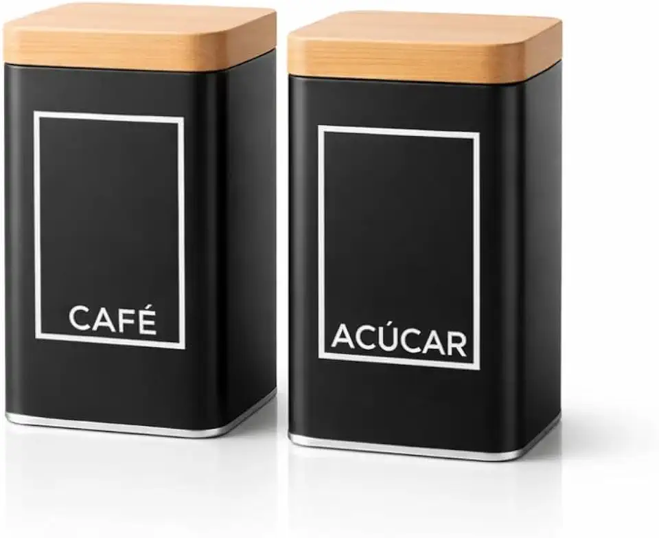 Conjunto de Potes Herméticos para Café e Açúcar, Ferro Preto com Tampa de Madeira, 2 Unidades