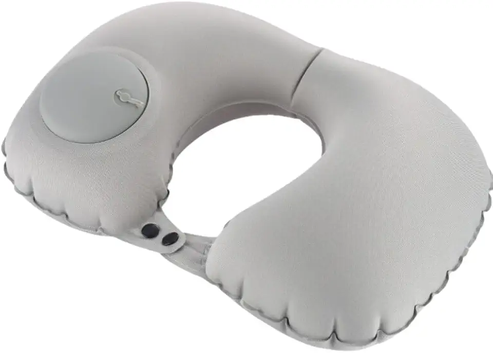 Almofada Inflável de Pescoço para Viagem, Travesseiro Portátil e Confortável para Avião, Carro e Relaxamento (Cinza)