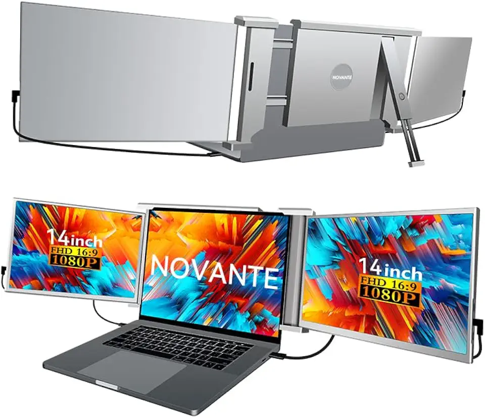 Monitor Duplo Portátil para Notebook 14" - Expansor de Telas Triplo com Design 360°, Tela IPS FHD 1080p 60Hz, Baixa Luz Azul, Compatível com Windows/Mac/Switch (Cabos Inclusos)