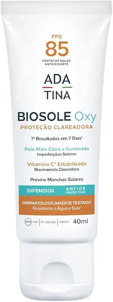 Ada Tina Protetor Solar Facial Clareador Biosole Oxy FPS 85 40ml com Vitamina C e Niacinamida Antioxidante Combate 15 Tipos de Manchas 12 Horas de Proteção