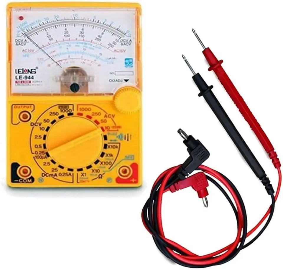 Multímetro Analógico Profissional BOM-6001 com Bip, Ponteiras, Medição de Tensão CC/CA até 1000V, Corrente 250mA, Resistência 10MΩ, Teste de Diodo, hFE, CAT II – Portátil e Preciso