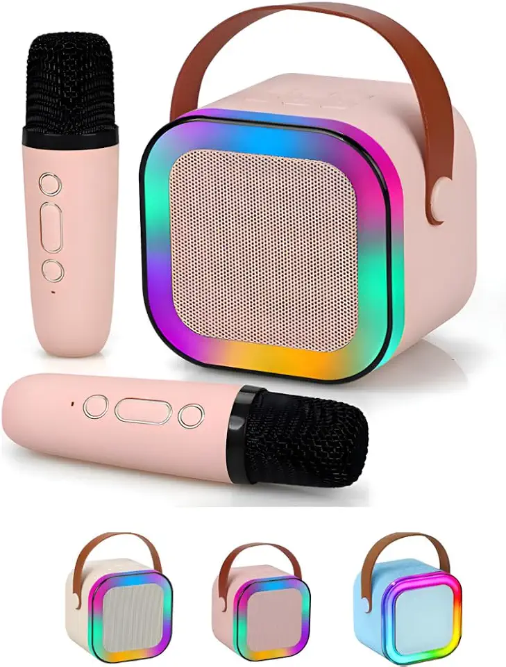 Mini Karaoke Infantil Portátil LED RGB Bluetooth Com 2 Microfones Sem Fio Com Conexão Bluetooth Diversão Crianças Adultos Efeitos de Voz Divertidos Som Potente Auto Tune Premium