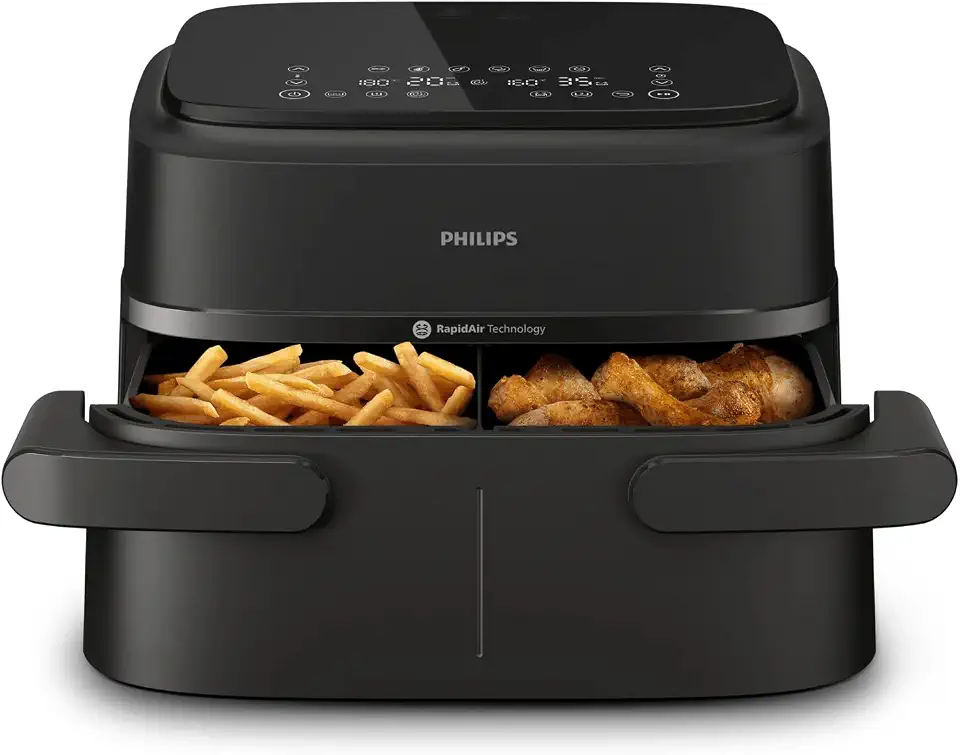Philips Walita Fritadeira Air Fryer Série 1000 Duplo Cesto 7,1L, 2 Cestos ou Bandeja Grande, Tecnologia RapidAir, 10 Modos de Preparo, Função Reaquecer, Preta, 110V (NA150/00)