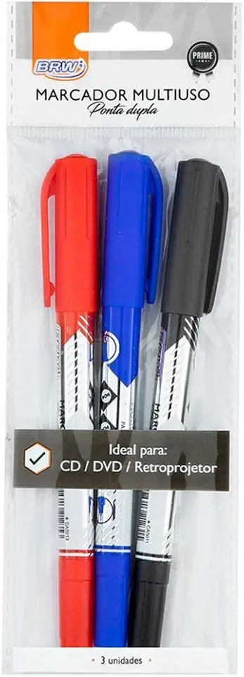 Caneta Marcador CD, Dvd e Retroprojetor Ponta Dupla Blister com 3 Unidades, BRW, Modelo: CA5015, Cor: Multicor