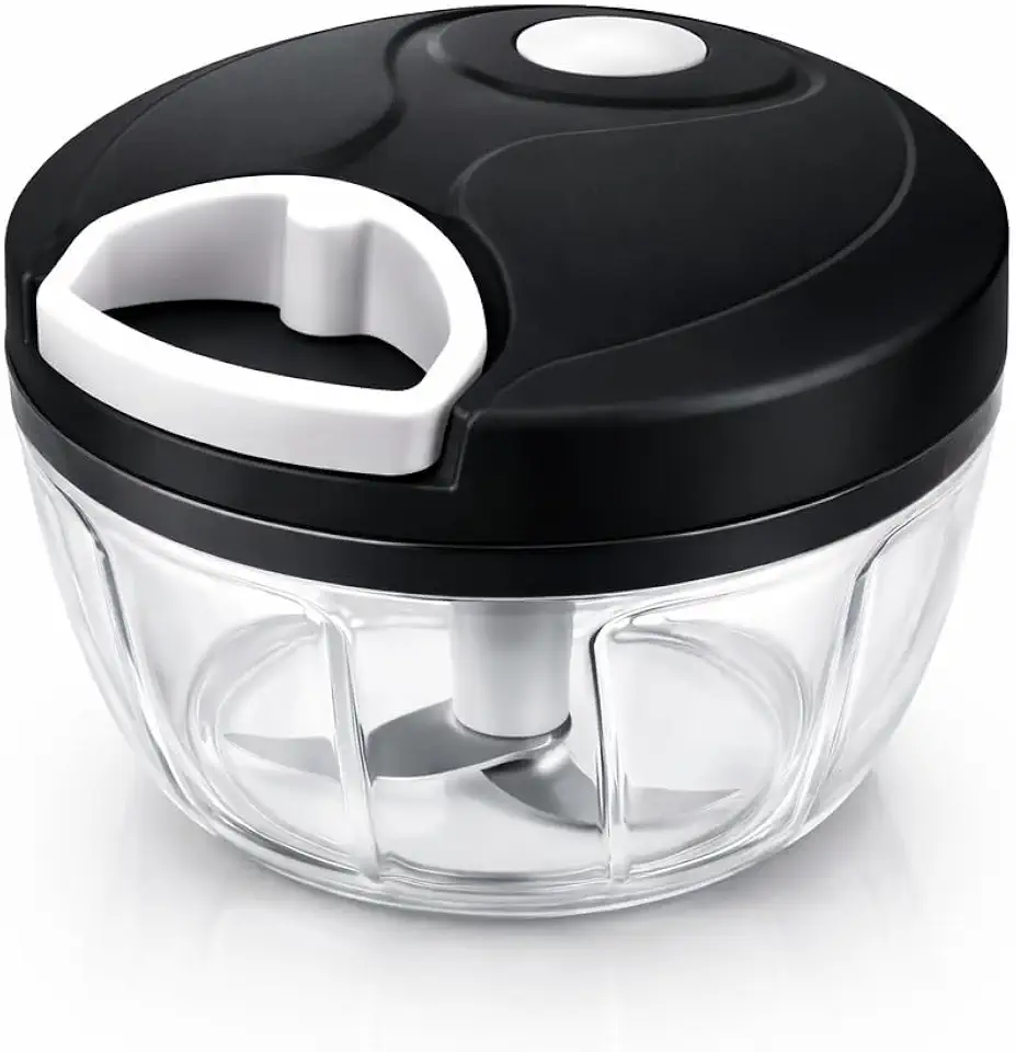 Mini Processador Manual de Alimentos com Corda, 500ml, 3 Lâminas em Aço Inox, Compacto e Portátil para Picar Alho, Cebola e Ervas (preto)