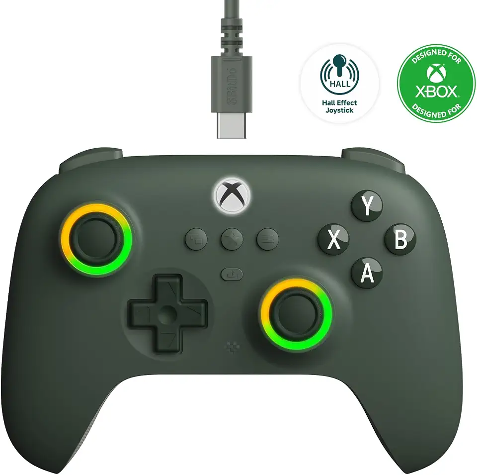 8Bitdo Ultimate C Wired Controller for Xbox with Hall Effect Joysticks and Triggers, RGB Lighting Fire Ring, Compatible with Xbox Series X|S, Xbox One, Windows 10/11- Officially Licensed (Dark Green)
