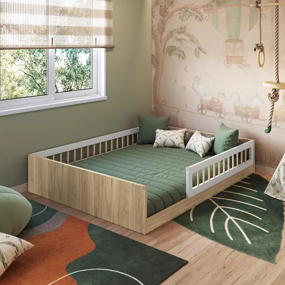 Cama Casal Infantil de Chão Montessoriana para Menino e Menina com Grade de Proteção Lateral