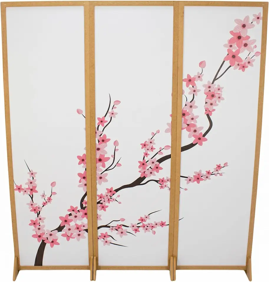 Biombo Divisoria MDF Oriental Japonês Divisor Ambiente Cerejeira Reto (3 Folhas)