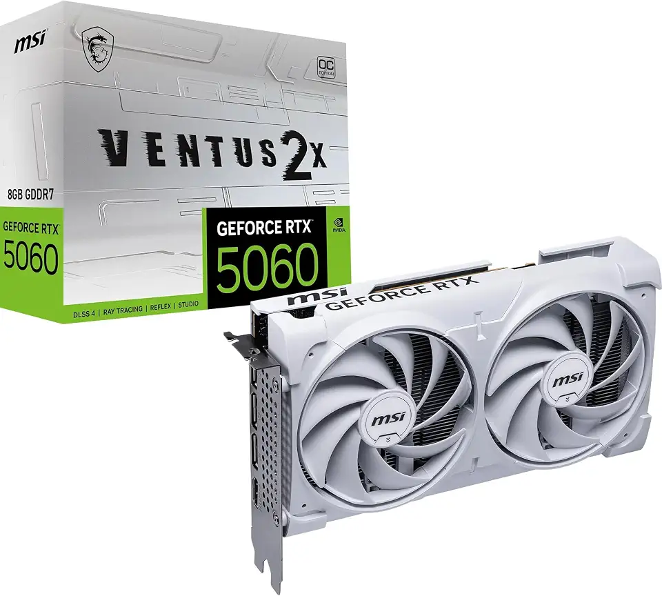 MSI Placa gráfica NVIDIA GeForce RTX 5060 8G Ventus 2X OC branca GDDR7 de 128 bits, frequência de aumento de até 2535MHz, PCIe Gen 5, DLSS 4, DP 2.1 x 3, HDMI 2.1 x 1, SFF Ready