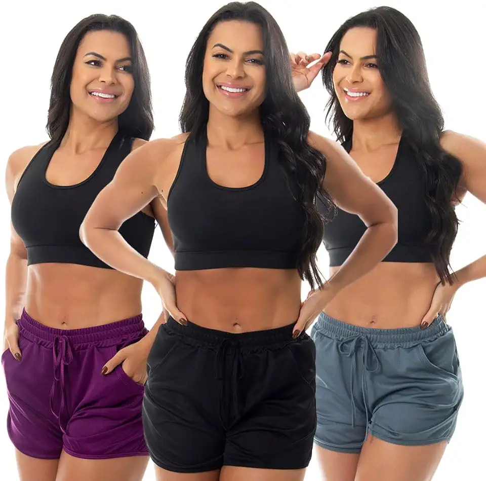 Kit 3 Short Esportivo Tactel Corrida Treino Academia Com Bolsos Feminino