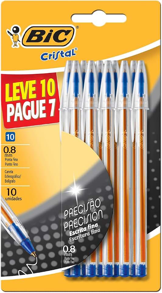 BIC, Caneta Esferográfica Escrita Fina, Cristal Fina, Azul, Leve 10, Pague 7