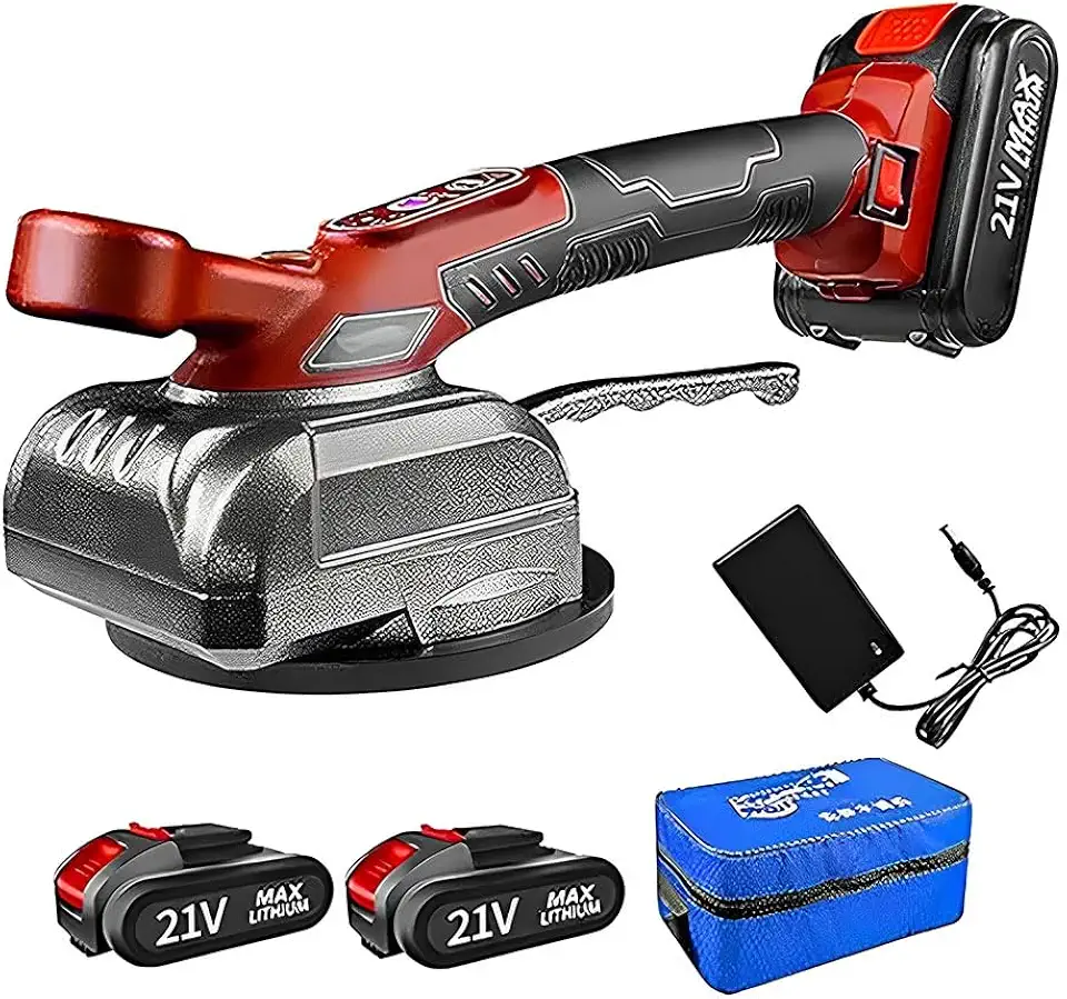 FINYQBET Máquina de Assentamento de Ladrilhos com Ventosa Elétrica 21V - 2 Baterias de 2000 mAh, 5 níveis de frequência ajustável (13500r/min), Azulejos de 0,3 m a 1,2 m - Ideal para Pisos e Parede