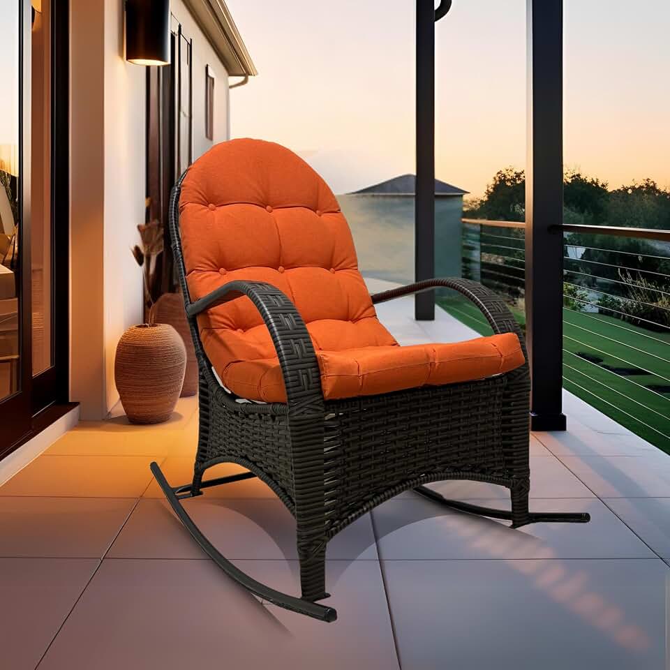 Cadeira Balanço Com Almofada Poltrona Descanso Ergonômica para Varanda Área Externa Junco Espuma Macia Tecido Impermeável
