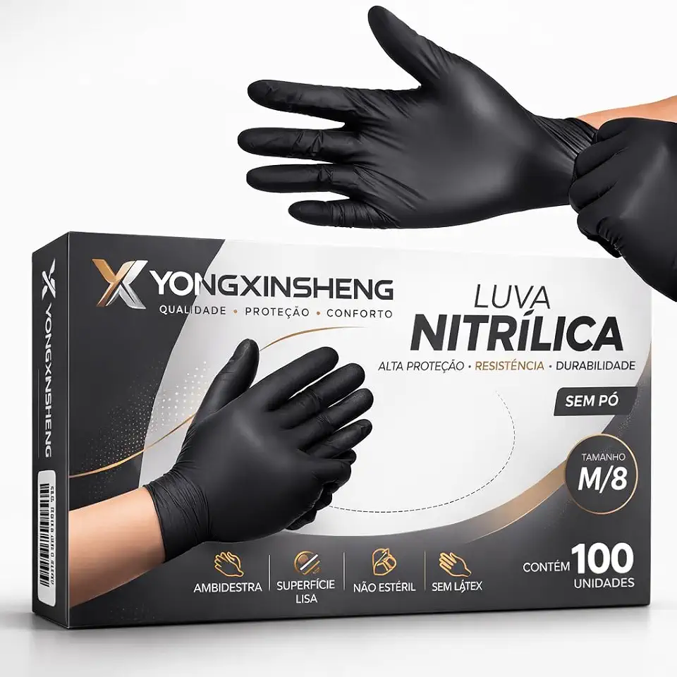 Luva Nitrilica Preta Premium | Sem Pó Antiderrapante | 100 Unidades Descartável | P, M e G