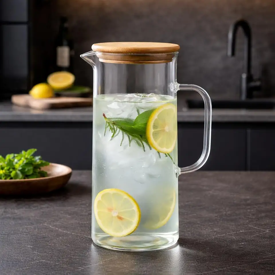 Jarra de Vidro Borossilicato com Tampa de Bambu, 1,2 Litros, Design Moderno, Resistente a Variações Térmicas, para Bebidas Quentes e Frias