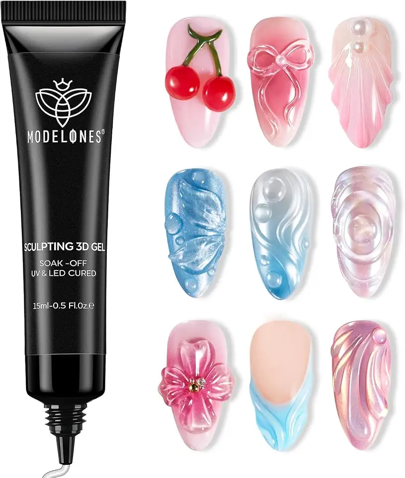 Modelones 3D Nail Gel Art, Sculpting Gel Glue for Molding, Drawing, Nail Charms & Gems, Chrome Powder and Rhinestone Design No Wipe, U V Light Cured Salon & DIY Use