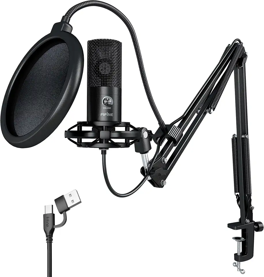 FIFINE Studio Condensador USB Microfone Computador PC Kit de microfone com suporte de choque ajustável do braço do boom para instrumentos Voice Overs Gravação Podcasting YouTube Vocal Streaming-T669
