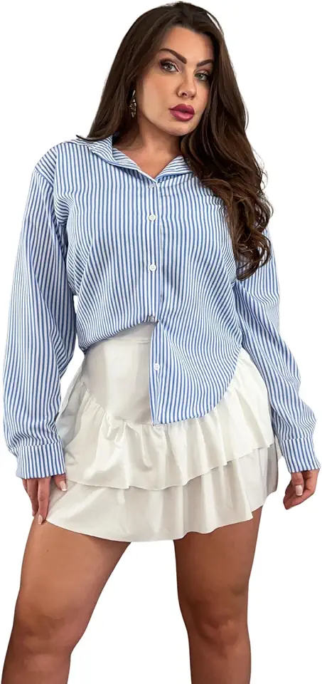 Camisa Social Feminina Listrada Botão Gola Manga Longa Tendência