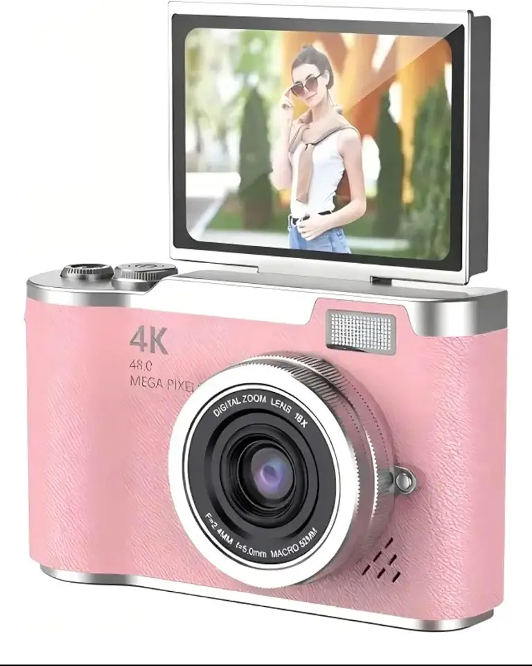 Câmera Digital 4K Ultra HD 48MP com Tela LCD Giratória 180°, Zoom Digital 8X, Flash LED, Bateria Recarregável – Ideal para Vlog, Selfie, Viagem e Iniciantes (Rosa)