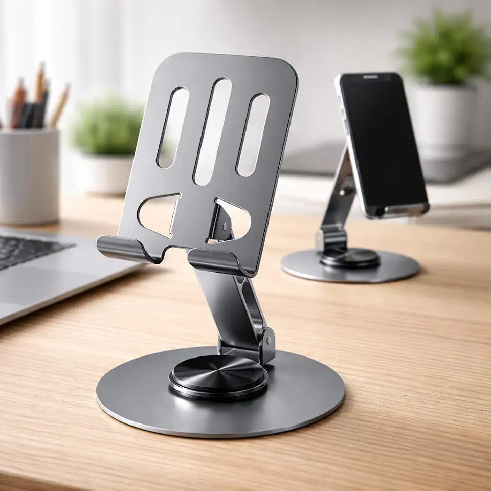 Suporte de Celular Mesa Premium Alumínio Dobrável Ajustável 360 Ergonômico Estável Antiderrapante Universal Smartphone Tablet