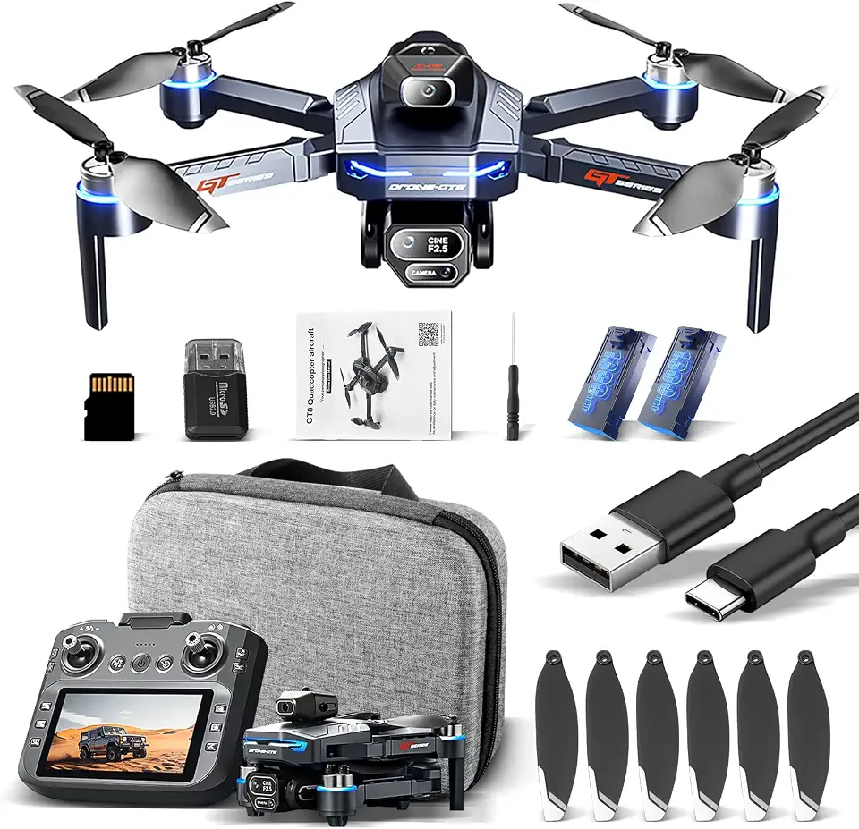 Drone com Câmera 4K GT8 Drone Profissional FPV com 2 Baterias e Controle Remoto com Tela, Até 25 Minutos De Voo, Sistema De Fluxo Óptico para Adultos e Iniciantes