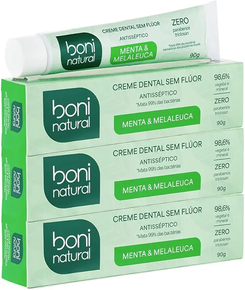 BONI NATURAL - Creme Dental com óleos naturais de Menta e Melaleuca Vegano e Natural, Sem Flúor, Sem Triclosan, 90g, 3 unidades Leve Mais Pague Menos