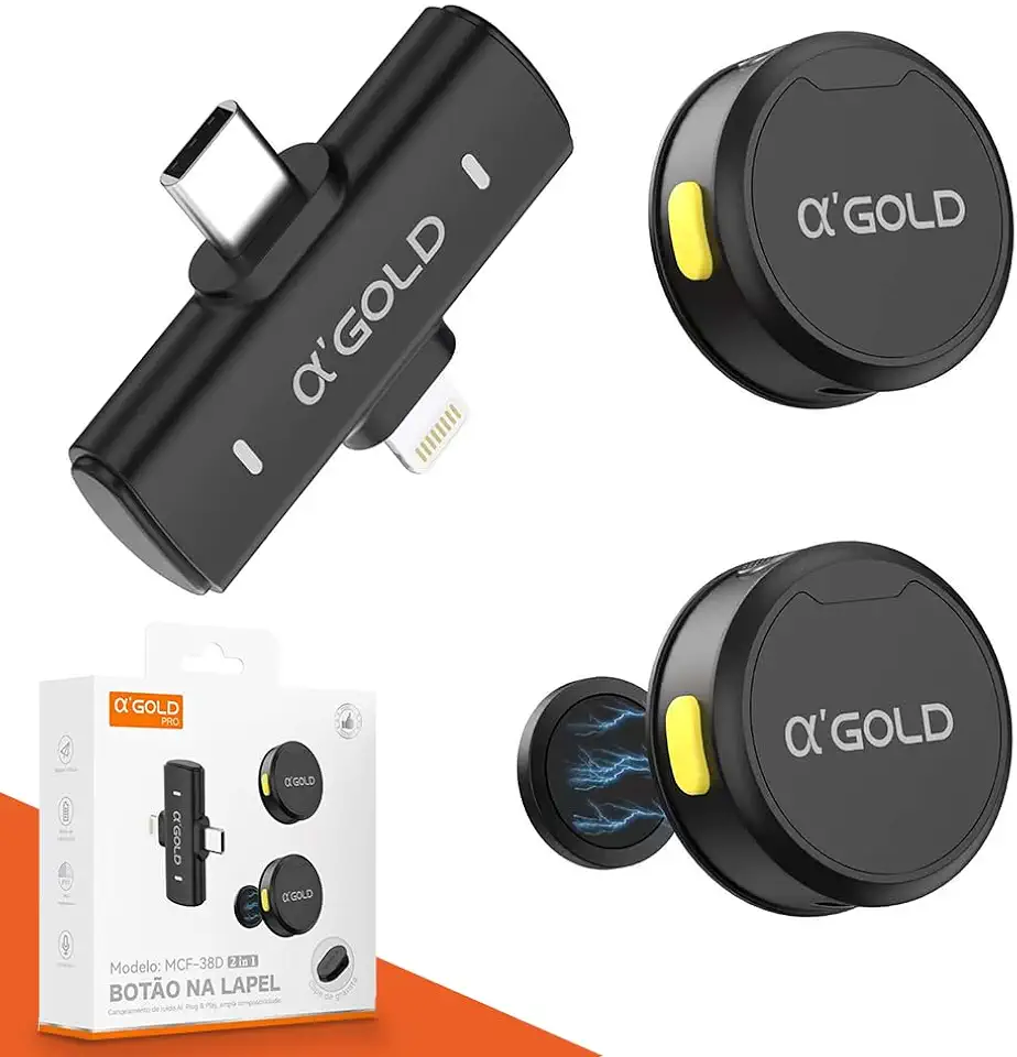 Microfone de Lapela Sem Fio Bluetooth Kit 2 Microfonones Abafamento de Ruído Até 10 Horas Tempo de Trabalho Compatível com Camera, iPhone, Android, PC - Conexão Android e USB-C - Linha AGold Premium
