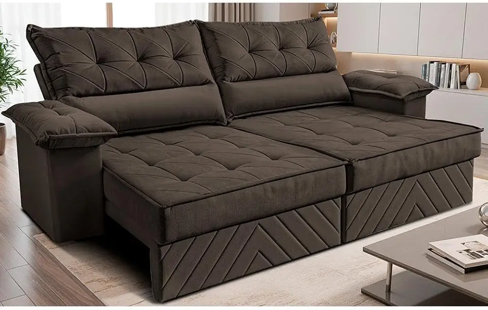 Sofá Retrátil e Reclinável 2,10m com Molas e Espuma D33 Thunder Velusoft Café Cama Inbox