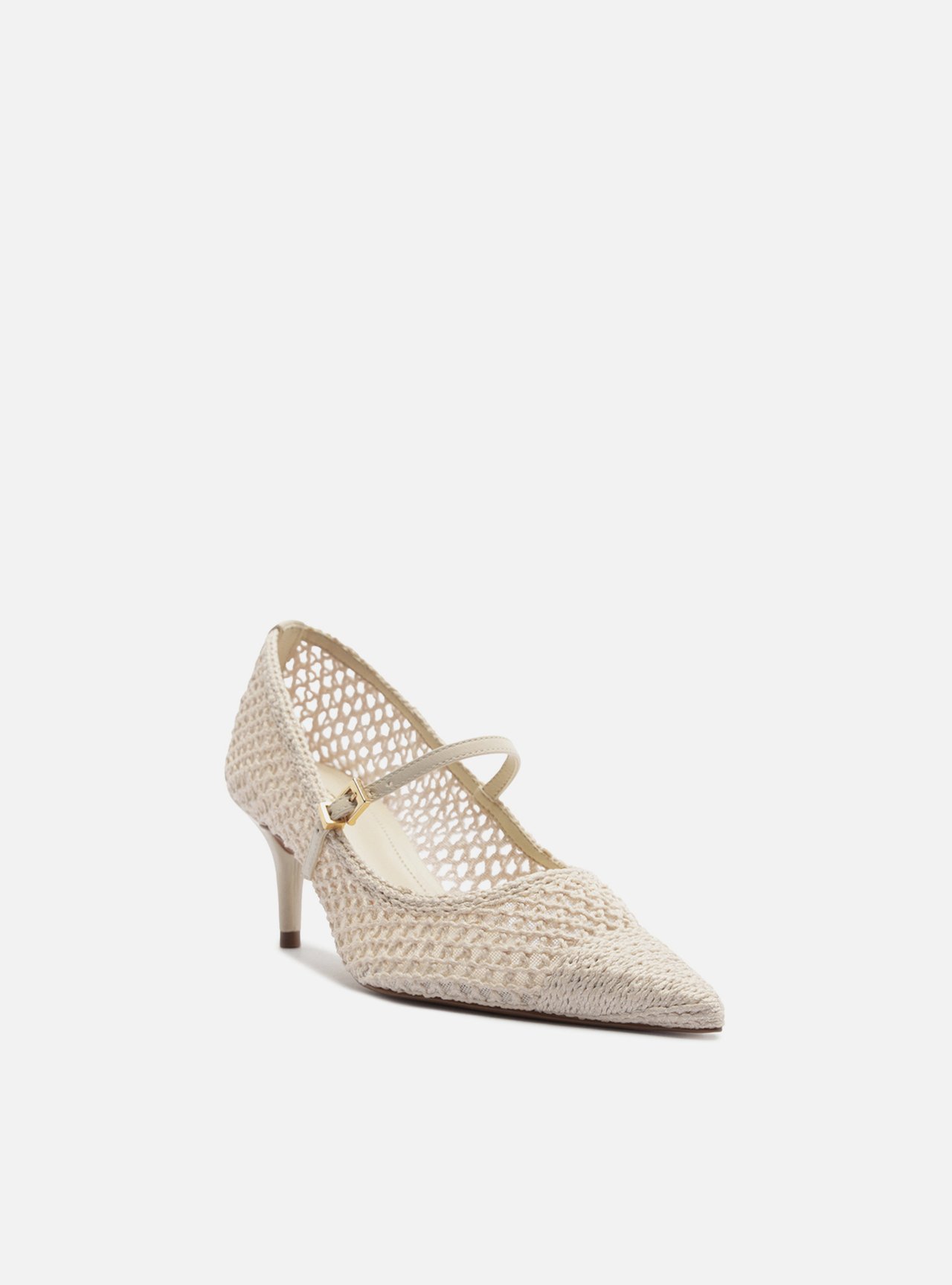 Foto 2 de Scarpin Off White Crochê Salto Fino Fivela