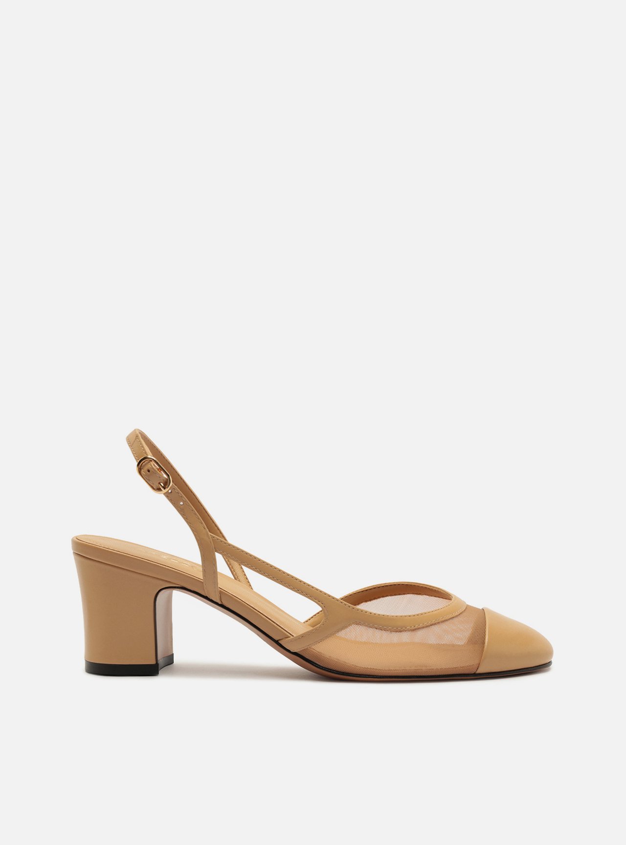 Scarpin Nude Salto Bloco Slingback Tela