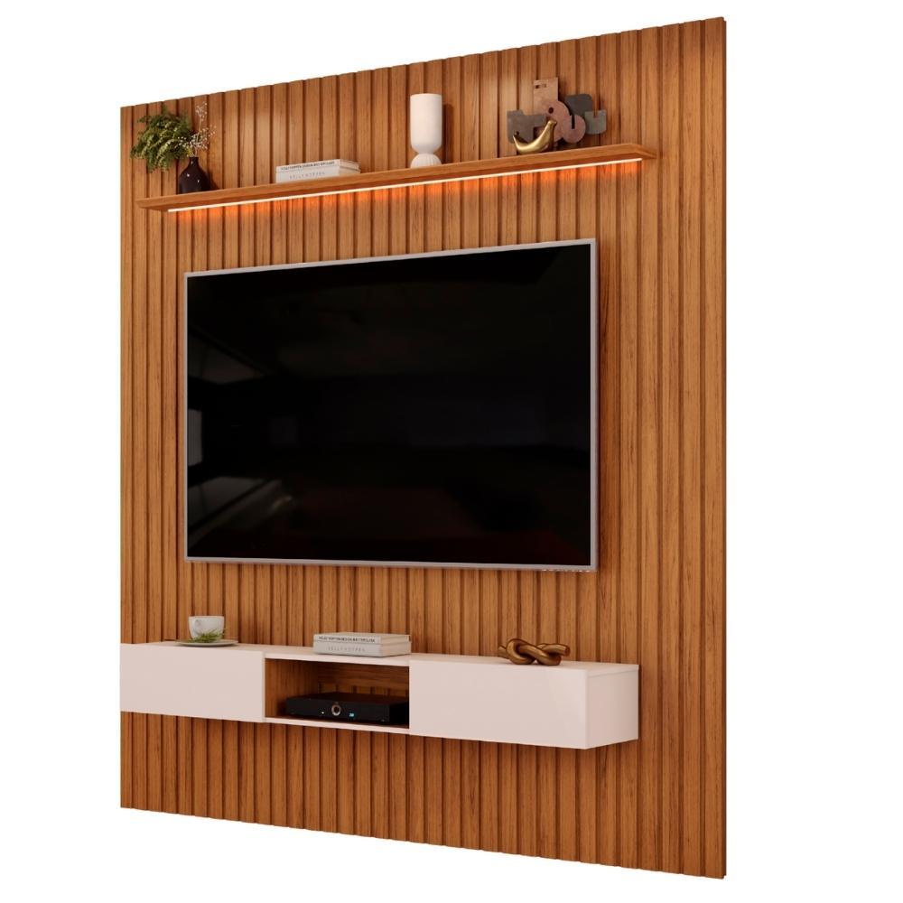 Painel Para TV Até 90 Polegadas 2,75m Ripado Autêntico Com Led e Nicho Montreal Madeirado/Off White