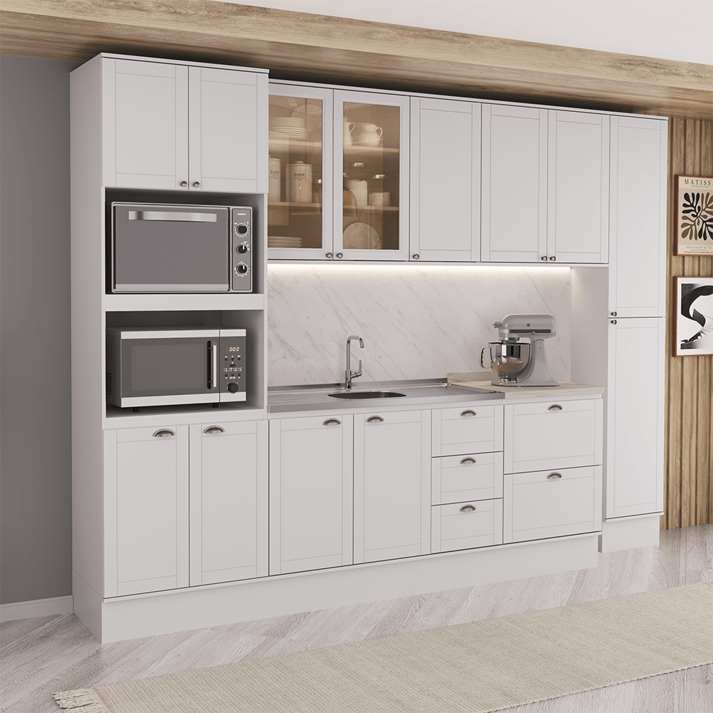 Armário de Cozinha Completa com Balcão Milla Quick Carraro Branco