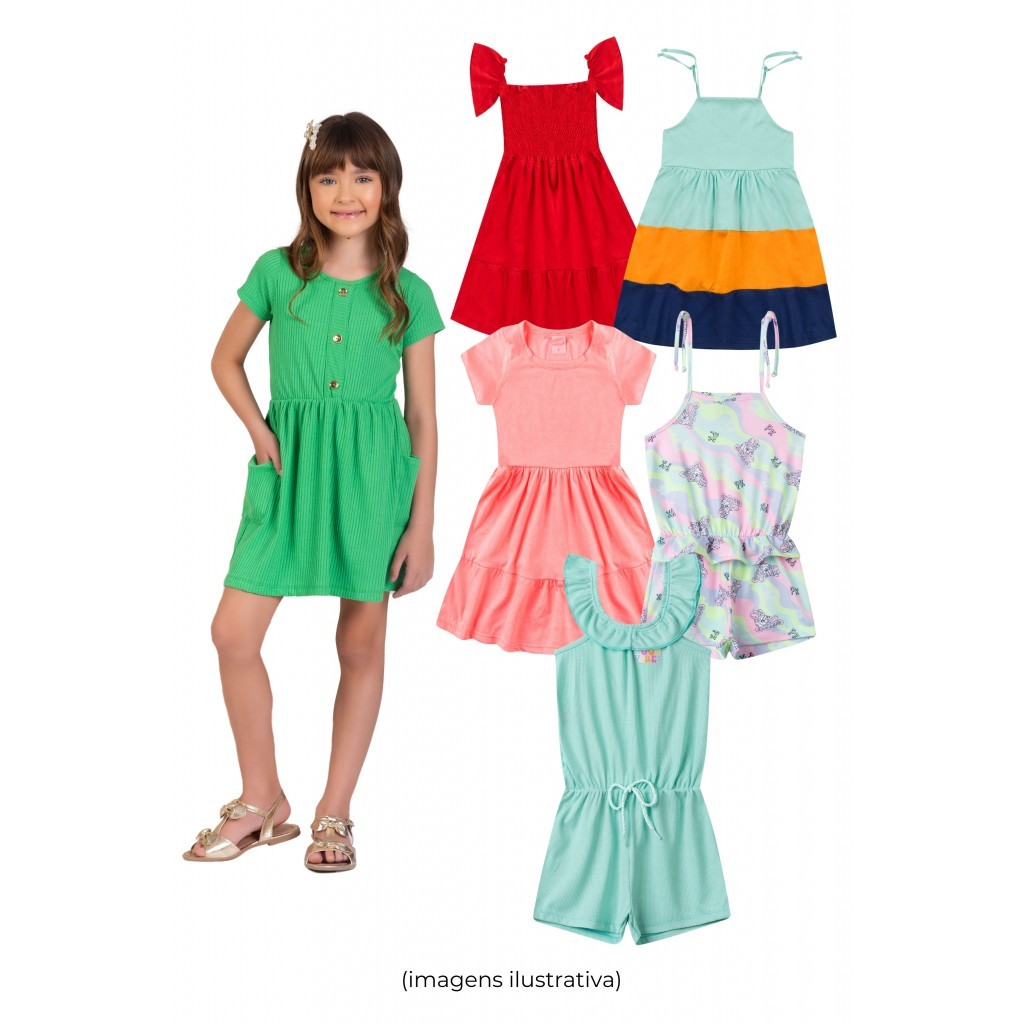 Kit Sortido Vestidos e Macaquinhos Infantis Feminino Verão - 5 Peças