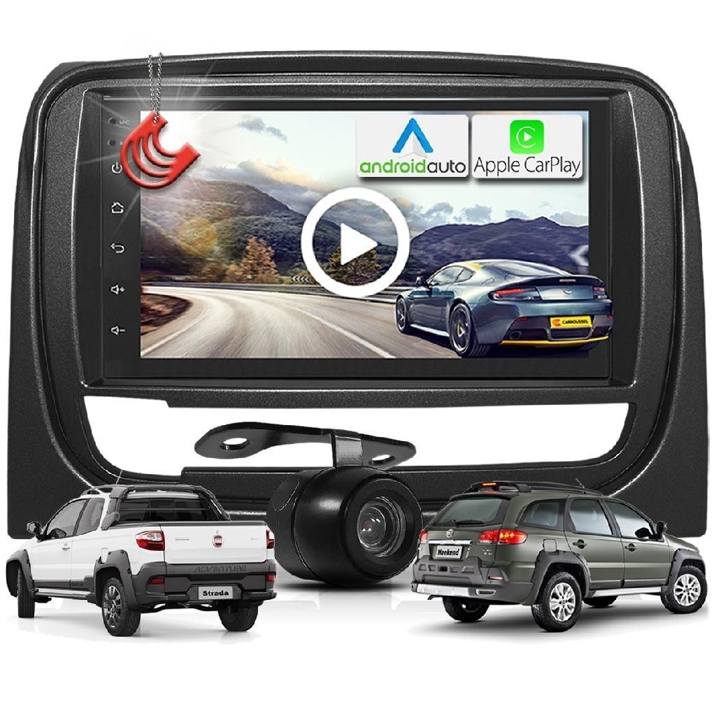 Kit Central Multimidia MP5 + Camera + Moldura Preta Palio Weekend Strada Siena AndroidAuto CarPlay