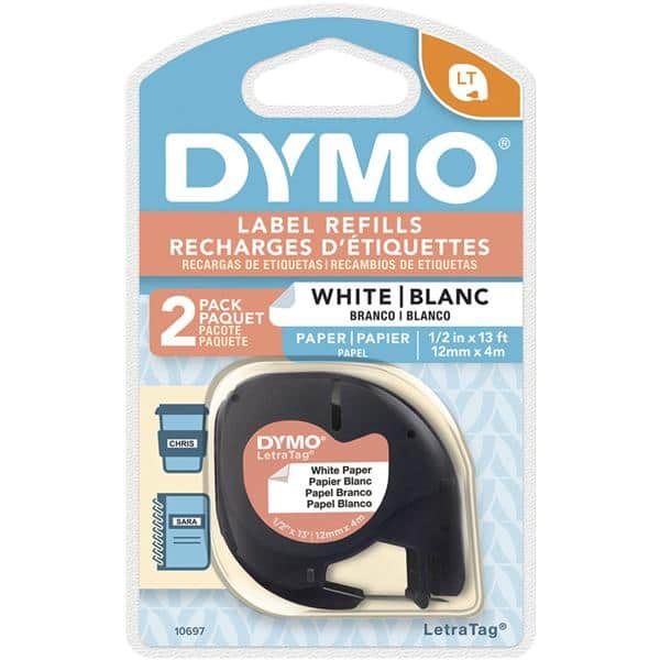 Fita para rotulador eletrônico Letratag Dymo, 12mm x 4m, Branca, Escrita preta, 10697, Dymo - BT 2 UN