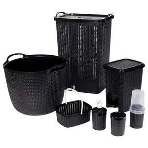 Kit Banheiro Lavanderia Trama 7 Peças Preto