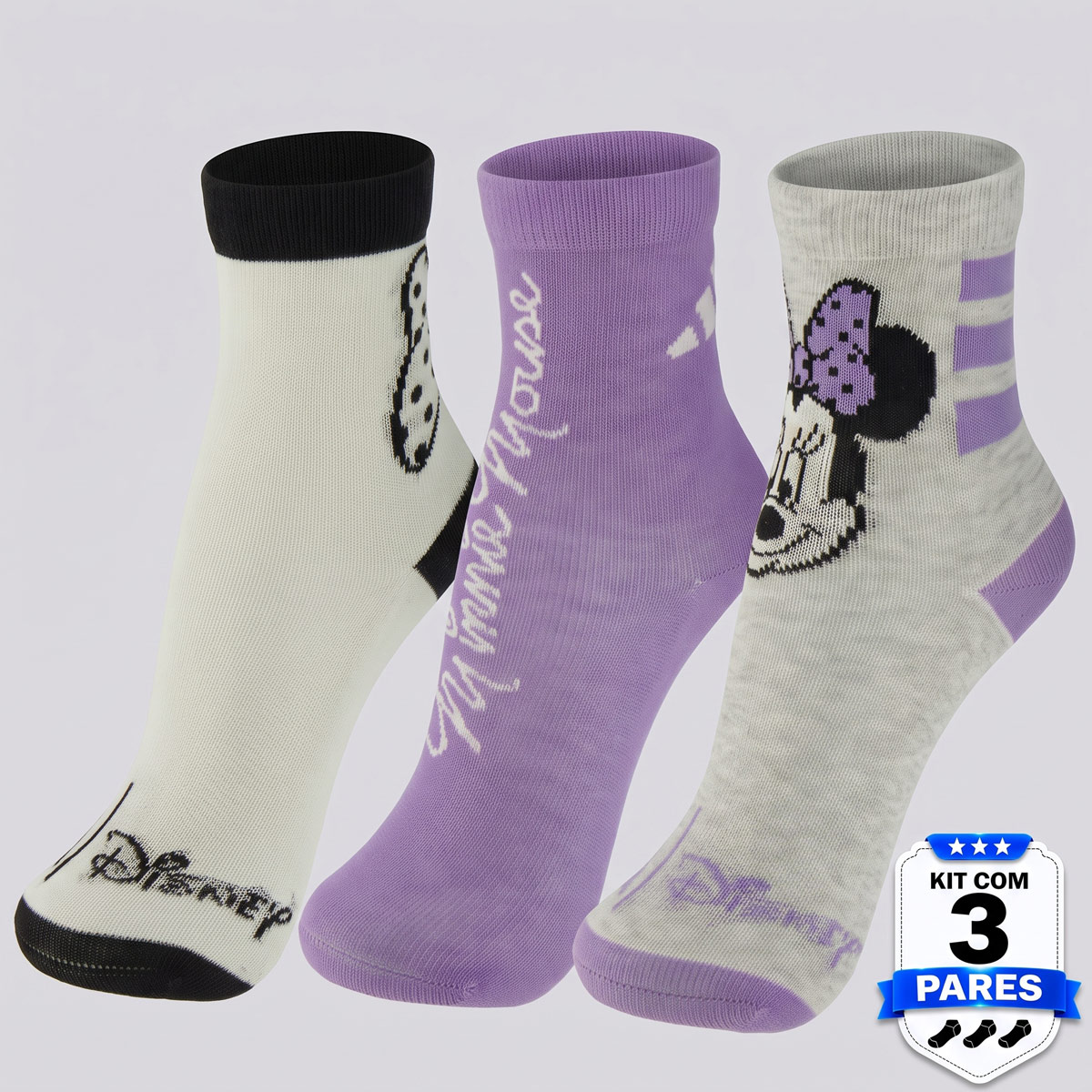 Kit Meia Adidas Minnie Disney 3 Pares Juvenil Roxa e Branca