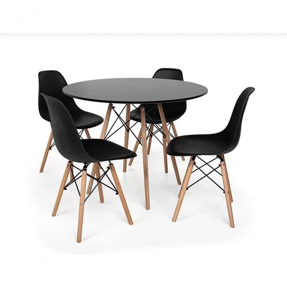 Mesa 90cm Com 4 Cadeiras Eames Eiffel Pés De Madeira Preta