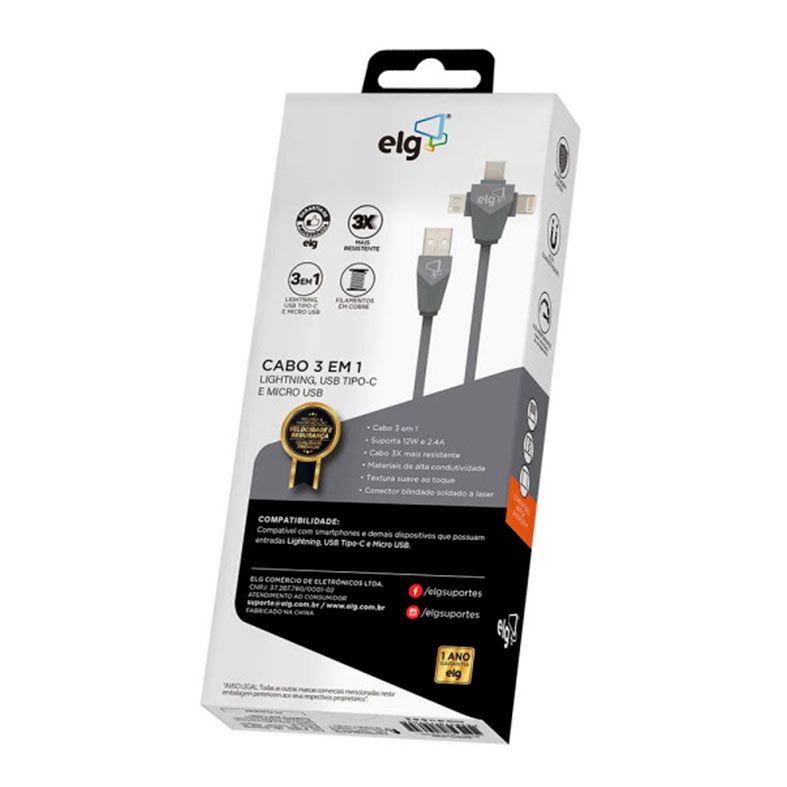 Foto 3 de Cabo USB ELG, 3 em 1 Lightning/Micro USB/Tipo-C, 1.5M, Cinza, PW31C