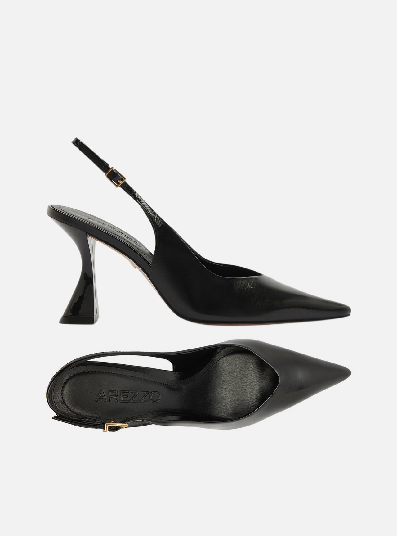 Foto 5 de Scarpin Preto Couro Salto Geométrico Fivela Slingback