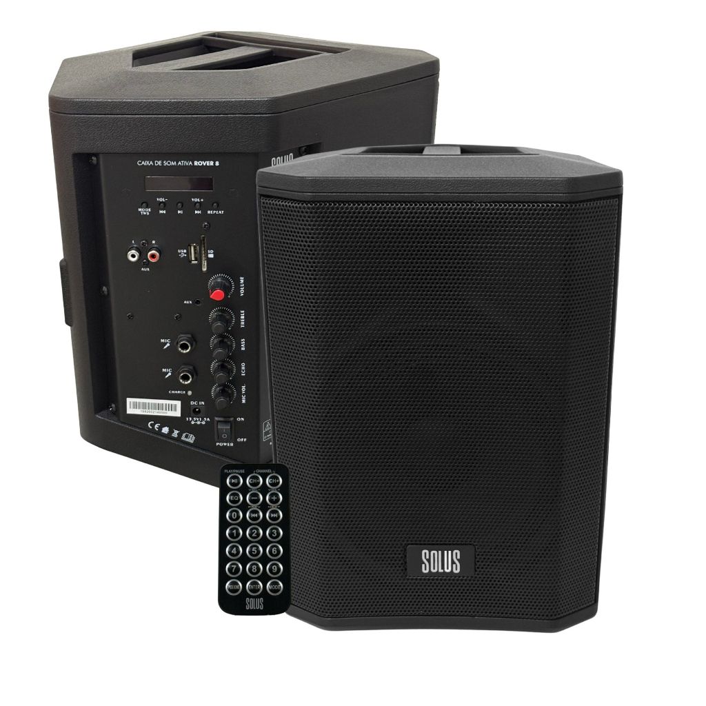 Caixa de Som Ativa Solus Rover 8 Polegadas Bluetooth TWS Bateria Recarregável USB SD Mixer 2 Mic Controle Remoto Bivolt