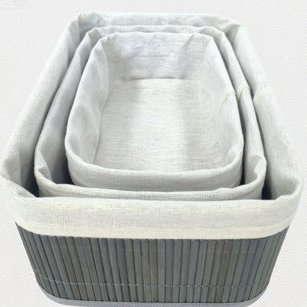 Conjunto 3 Cestos De Bambu Com Forro Em Tecido Cinza Retangular Coisas E Coisinhas